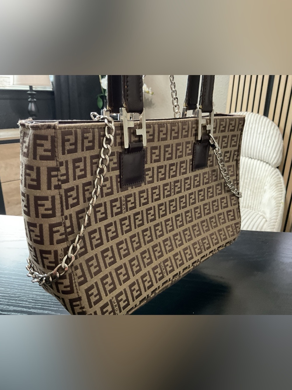 Fendi Brown FF Logo Canvas Satchel with Chain Strap - Picture 4 of 12